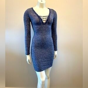 POOF! sexy form fitting long sleeve flattering dress. Heather blue. Lace up top
